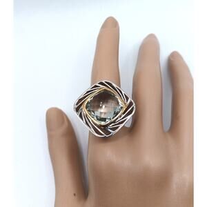 Green Amethyst Statement Ring Brass Setting Size 7 Cushion Cut Gemstone